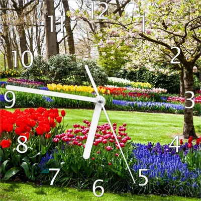 Produktbild von Wallario Design Wanduhr Bunte Blumen und Kirsch-Baum im Park blühen im Frühling aus Echtglas, Größe 20 x 20 cm