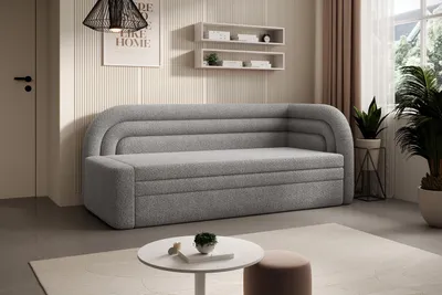 Zdjęcie produktu dla Rozkładana sofa FABILLO – sofa z funkcją spania i pojemnikiem na pościel, tkanina bouclé, 223 × 86 cm