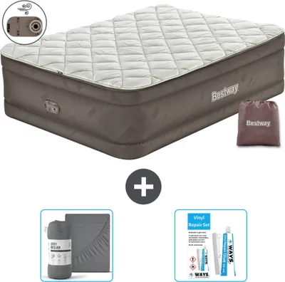 An inflatable mattress with accessories shown below.