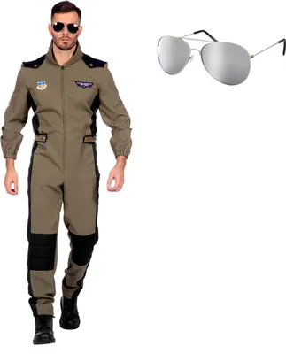 Produktbild von Herren Kostüm Overall Pilot + Brille Jagdflieger Jetpilot Kampfjet Army, Größe:56
