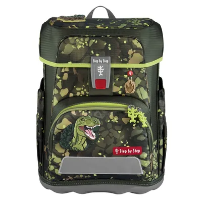 A children's backpack with a camouflage pattern and dinosaur graphics.