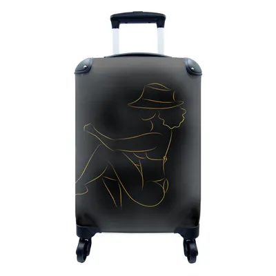 Produktbild von MuchoWow® Koffer Handgepäck Trolley Rollkoffer Kleine Reisekoffer mit 4 Rollen - Frau - Hut - Gold - Schwarz - Cabin Size < 55x40x23 cm & 55x40x20 cm - Fotokoffer - Kabinenkoffer - Boardgepäck - Reise-Box - Reisekoffer - Reisegepäck - Koffer mit Bild - Trolley für Kinder