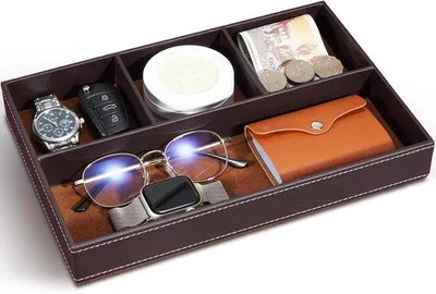 Produktbild von Lederen Nachtkastenorganizer, Organizer für Herren, für Münzen, Schmuck, Schlüssel und Uhren, braun, Leder