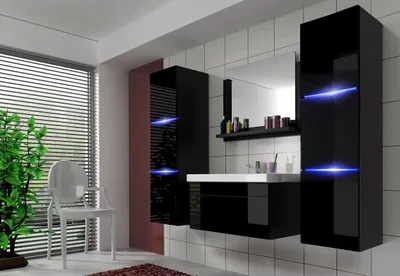 A modern black bathroom vanity set with LED lighting.