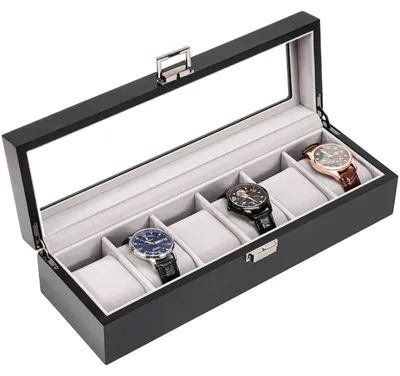 Produktbild von Uhrenbox Holz Uhrenkasten Uhrenkoffer - 6 Fächer - Mit Glasdeckel - 34,5 x 11,3 x 8 cm - Schwarz - Für Herren