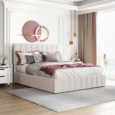 Produktbild von MODFU Polsterbett 140×200cm, Doppelbett mit Hydraulisch anhebbarer Bettstauraum ,höhenverstellbares Polsterkopfteil, Samtstoff Doppelbett Erwachsenen Jugendbett, Weiß(ohne Matratze)