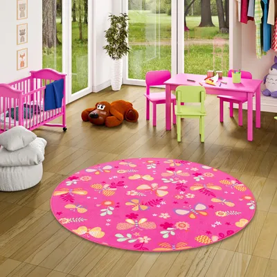 Produktbild von Kinder Spiel Teppich Schmetterling Pink Rund, Größe:400 cm Rund