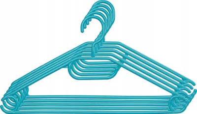 A stack of teal colored clothes hangers.