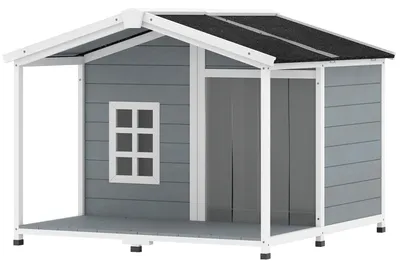 Produktbild von Hundehaus outdoor wetterfest, Hundehütte Tannenholz mit Terrasse & klappbarem Dach, erhöhter Boden, Grau | Asphaltdach | 27 kg | 107 x 103 x 83,5 cm