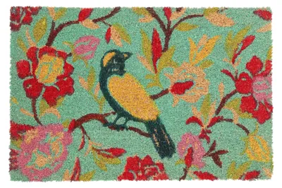 Image de Tapis d'entrée Relaxdays en fibre de coco, avec motif floral et oiseau, caoutchouté, pour l'intérieur et l'extérieur, 60 x 40 cm, multicolore
