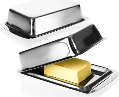 Produktbild von Elegante Butterdose mit Deckel - stilvoll und praktisch - Set von 2 - Silber - Edelstahl - 16,5 x 10 x 4 cm