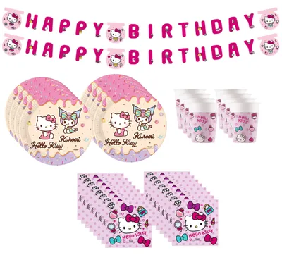 Produktbild von Hello Kitty Party Deko Set 58 teilig Kindergeburtstag Geschirr Banner