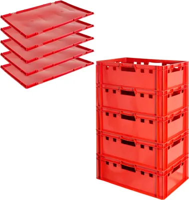 5x Euro-Plastikkiste E2, rot, mit Griff auf jeder Seite und ein passende Deckel