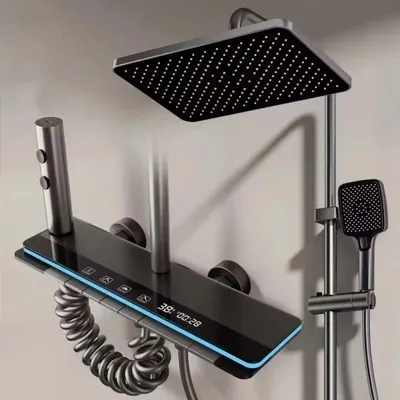 Obrázok produktu pre Digitálna sprchová súprava – sprchový systém s batériou – LED displej – tlačidlá na ovládanie teploty (teplá/studená voda) – nastaviteľná výškou, štvorcová sprchová hlavica – nerezová oceľ, leštená – sivá farba