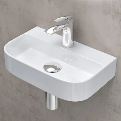 Produktbild von doporro Handwaschbecken Gäste-WC, Aufsatz-/Hängewaschbecken, Keramik weiß glänzend, 380x235x80mm, Brüssel003, DIN-Anschlüsse, aus einem Stück
