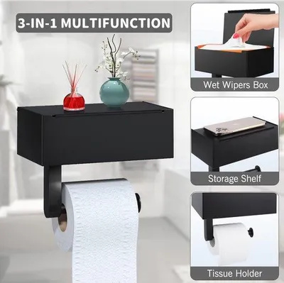 Produktbild von Famanu Toilettenpapierhalter Wandmontage - Schwarz, Edelstahl mit Ablage