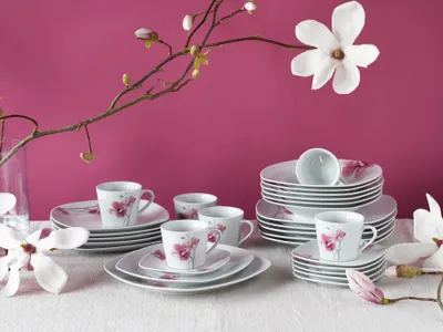 A set of porcelain dishes with a floral pattern, displayed on a white tablecloth against a pink background, with a branch of magnolia flowers.