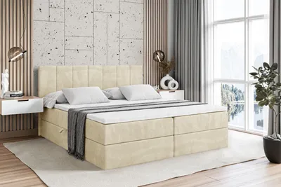 A bedroom scene with a bed, nightstands, and a window.