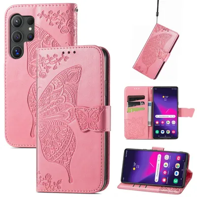 Obrázek produktu pro Pro Samsung Galaxy S25 Ultra 5G Syntetická kůže Peněženka Pouzdro na mobilní telefon Butterfly Design Pouzdro Pink