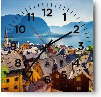 Produktbild von Wanduhr - Quadrat - Glasuhr - Berge See Wasser - 40x40cm - Schleichendes Uhrwerk - Lautlos - zum Aufhängen bereit - Dekoration Modern - Wanddekoration aus Glas - C4AC40x40-3955