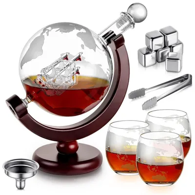 Immagine prodotto di Set regalo per whisky, Globus, per uomini, con 6 pietre decorative e 3 bicchieri, capacità 900 ml