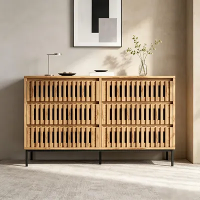 Immagine prodotto di Mobile contenitore con 6 cassetti, dimensioni 120x40x81 cm, realizzato in MDF e pannelli di legno, con design a griglia e finitura in legno, ideale per soggiorno, camera da letto e ingresso
