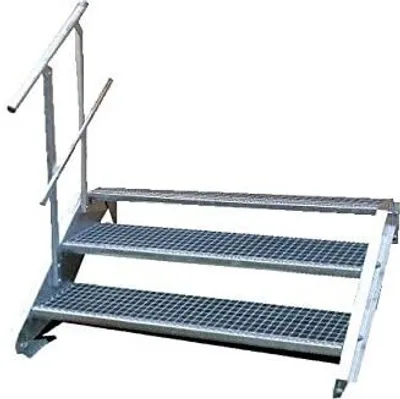 A metal staircase with three steps and a handrail, shown against a white background.