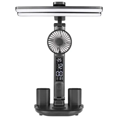 Produktbild von MasterLED LED Schreibtischlampe 3in1 Schwarz, Ventilator, Uhr & Datum, CCT 3-farbig Dimmbar, USB-C für Büro