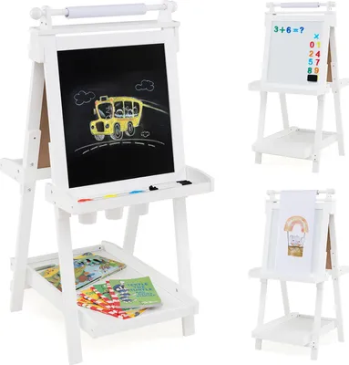 Produktbild von GOPLUS Tafel Kinder, 3-in-1 Kindertafel mit Whiteboard & Magnetischer Tafel, faltbare Malstaffelei mit Papierrolle & 3 Farbpaletten, Weiß