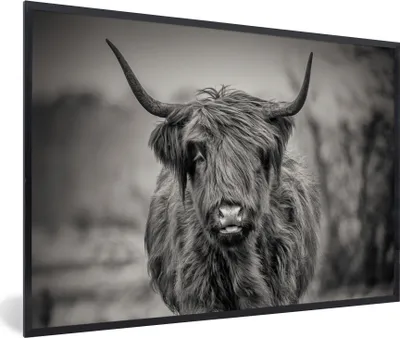 Produktbild von MuchoWow® Gerahmtes Poster Schottischer Highlander - Schwarz und Weiß 60x40 cm - Poster mit Schwarzem Bilderrahmen Wandposter Rahmen Foto Bilder - Printing - Wanddeko Schlafzimmer