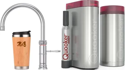 Produktbild von QUOOKER CLASSIC FUSION ROUND Festauslauf Edelstahl COMBI+ B mit CUBE2 (22+CFRRVSCUBE) 100°C Kochendwasserhahn mit Trinkwassersystem Inkl. Thermobecher