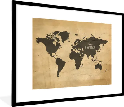 Produktbild von MuchoWow® Gerahmtes Poster Weltkarte - Vintage - Braun 80x60 cm - Poster mit Schwarzem Bilderrahmen Wandposter Rahmen Foto Bilder - Schlafzimmer-Dekorationen - Fotoposter
