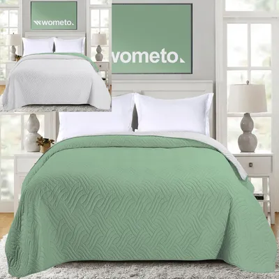 A collage showing a green bedspread on a bed in a bedroom setting, and a white bedspread on a bed in a similar setting, with a marketing graphic above.