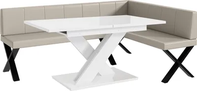 Produktbild von MEBLINI Eckbank für Esszimmer mit ausziehbarem Tisch  - Küchenbank - Essecke - Sitzecke Küche - PETER - X-Beine 142x196x87cm Rechts - Beige Kunstleder/B Weiß Hochgl.