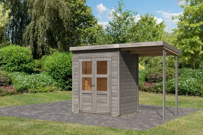 Produktbild von Karibu Gartenhaus Gerätehaus Merseburg 2 mit Anbaudach vorvergraut 320x126x219 cm