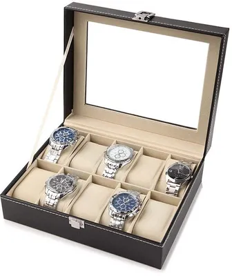 Produktbild von Metallische Uhrschrankbox mit 10 Fächern, Aufbewahrungsbox und Schmuckorganizer, Uhrschrank mit Deckel, Kunstleder und Samtbesatz, metallischer Verschluss, schwarz