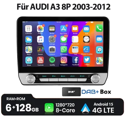 Obrázok produktu pre Autorádio pre Audi A3 8P (2003-2012), systém Android 15, 2 DIN, 10-palcový dotykový displej, 8-jadrový procesor, 6 GB RAM, 128 GB úložisko, CarPlay, Android Auto, DAB, GPS navigácia, Bluetooth, WiFi