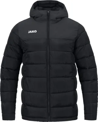 A black puffer jacket with a hood, displayed front-on against a white background.