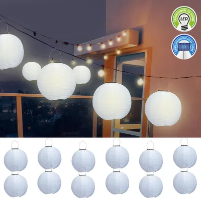 Produktbild von Solar Lampion 12er Set weiß LED warmweiß Ø 30cm Stofflaterne Organza Gartendekoration Laterne Ballon Solarpanel