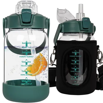 Produktbild von 1 Glasflasche für Wasser mit Strohhalm und Zeitmarkierungen
