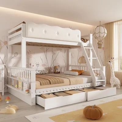 Immagine prodotto di Letto a castello Merax, dimensioni 90x200 e 140x200, con rete a doghe, struttura in legno con ringhiera imbottita, lettino per bambini con cassetti e portariviste, conforme alla norma EN 747:2024, colore bianco