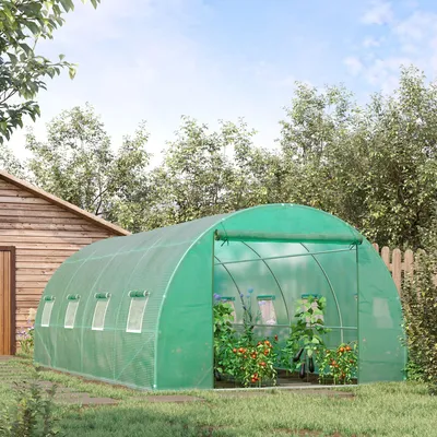 Image de Serre tunnel en film plastique, structure en acier, couleur verte | 590 x 300 x 200 cm | 27 kg | avec porte zippée et système de ventilation