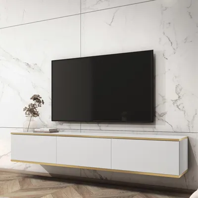 Productafbeelding van TV-kast met hangende kast FORNO, wit, goud, glamour, Art Deco stijl, 175 cm