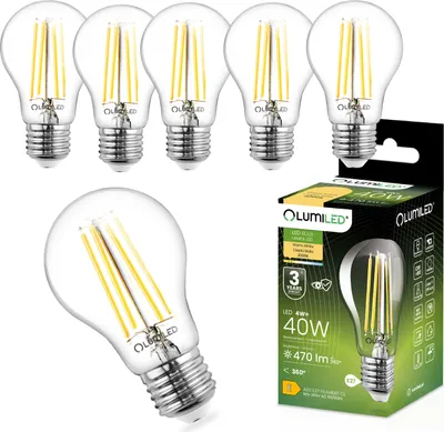 Obrázek produktu pro LUMILED sada 6 LED žárovek A60 E27, 4W (nahrazuje 40W), 470 lm klasické čiré vlákno, průhledná žárovka, patice E27, 3000K, teplá bílá barva, 360° úhel vyzařování, vintage žárovka kapky