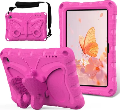 Produktbild von Kinder Hülle für Amazon Fire HD 7" 2022 Leicht Stoßfeste EVA Kindgerechtes Schutzhülle mit Schultergurt, Schmetterlings-Ständer Rosa