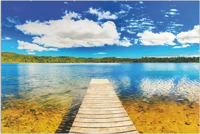 Produktbild von Wallario Wandbild Klarer See mit Steg - Blauer Himmel, Größe: 61 x 91,5 cm, Poster mit rahmenlosen Bildhalter