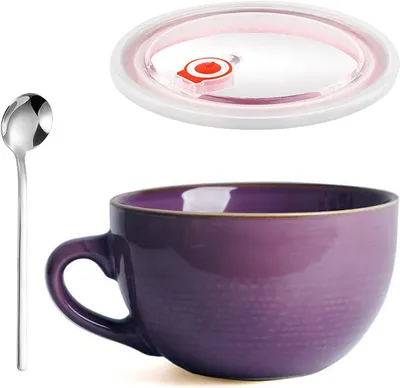Produktbild von Große Tasse Keramik,700ml Müslischalen(lila)Kaffeebecher mit Henkel,Salat Schale,Teetasse Mit Deckel und Löffel,Porzellan Tasse für Geschenk