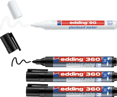 Immagine prodotto di edding 360 pennarello per lavagna bianca + 90 pennarello per lavagna di vetro nero, bianco (set di 4)