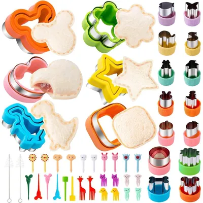 Productafbeelding van Uitsteekvormen voor kinderen, brood, groenten, Mickey Mouse, dinosaurus, ster – 48 stuks