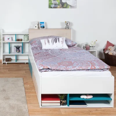 Produktbild von Kinderbett / Jugendbett Aalst 28, Farbe: Eiche / Weiß / Blau - Liegefläche: 90 x 200 cm